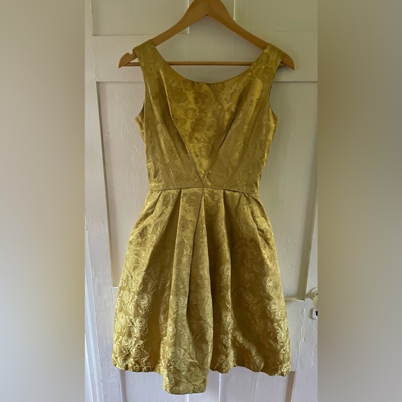 Vintage 50s gold brocade cinched cocktail dress small - Picture 4 of 8
